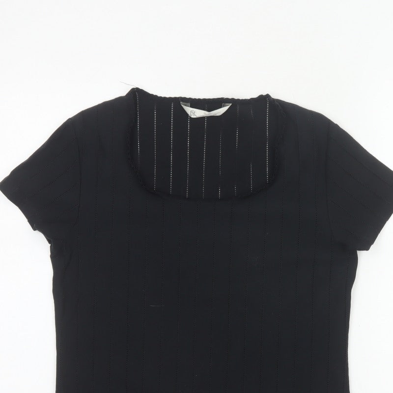 Bhs Women Black Size 16 Ruffle Neck Short Sleeve Striped Blouse