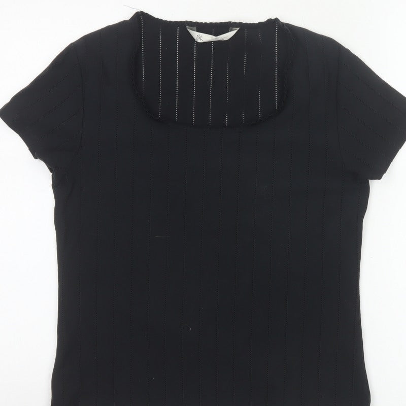 Bhs Women Black Size 16 Ruffle Neck Short Sleeve Striped Blouse