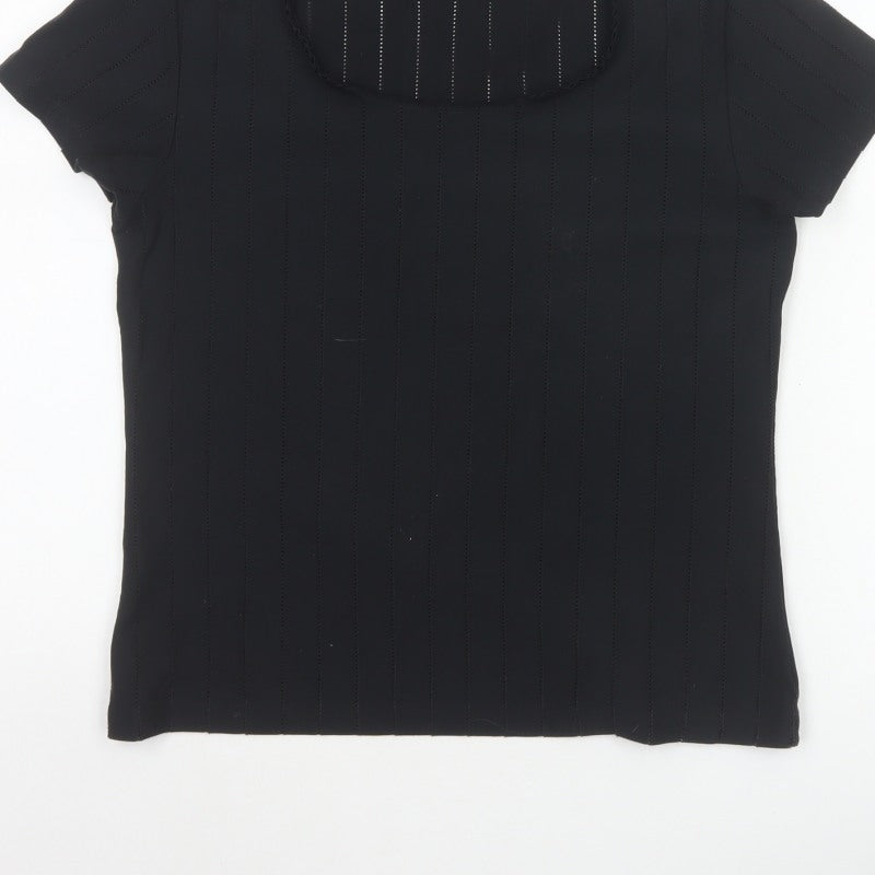 Bhs Women Black Size 16 Ruffle Neck Short Sleeve Striped Blouse