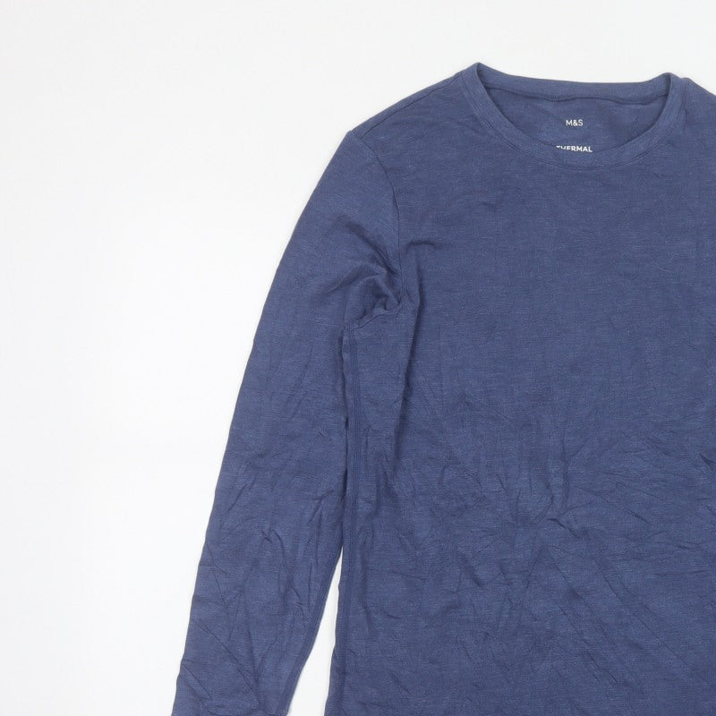 Marks & Spencer Men Blue Small Thermal Long Sleeve Basic T-Shirt
