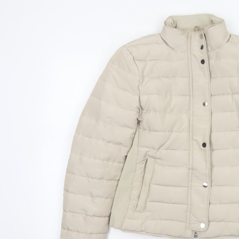 Zara Women Beige S Quilted Puffer Jacket Collared Zip