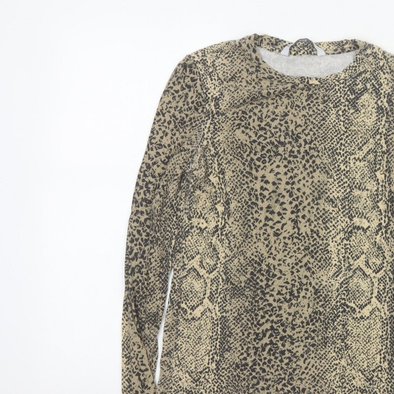 MNG Women’s Beige Leopard Print Slim Stretch Long Sleeve Top UK 12