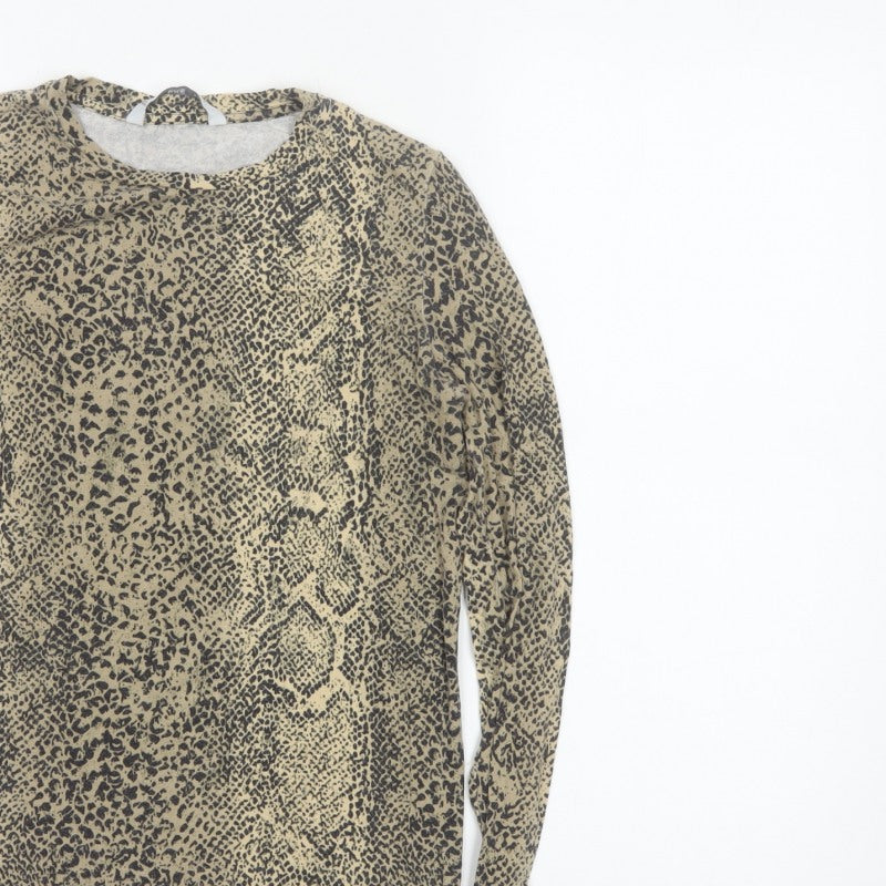 MNG Women’s Beige Leopard Print Slim Stretch Long Sleeve Top UK 12