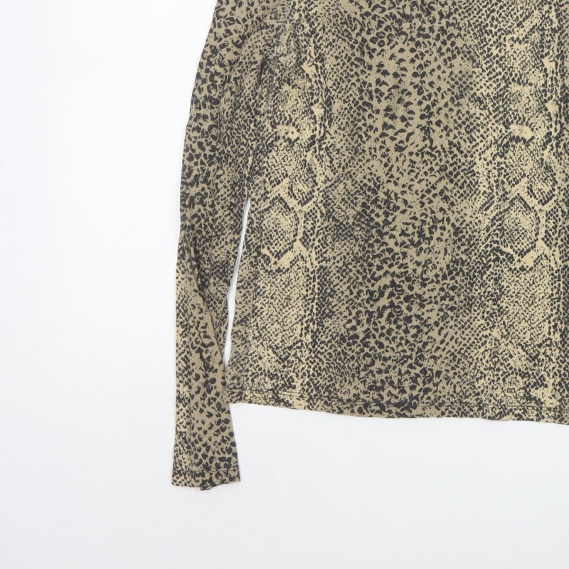 MNG Women’s Beige Leopard Print Slim Stretch Long Sleeve Top UK 12