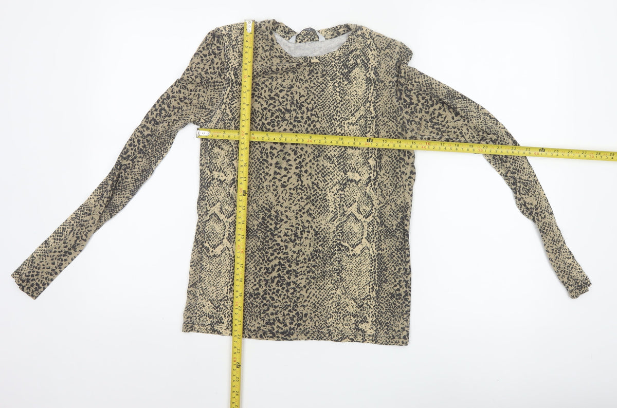 MNG Women’s Beige Leopard Print Slim Stretch Long Sleeve Top UK 12