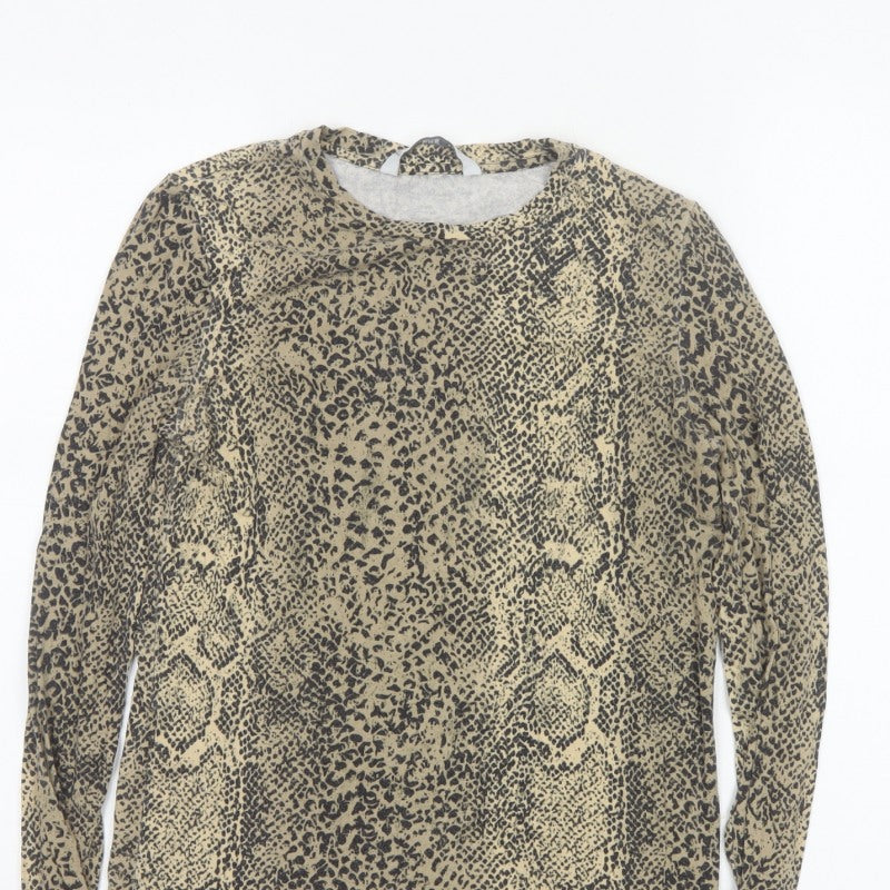 MNG Women’s Beige Leopard Print Slim Stretch Long Sleeve Top UK 12