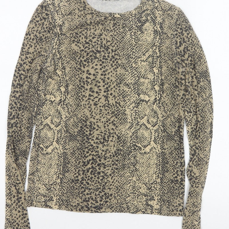 MNG Women’s Beige Leopard Print Slim Stretch Long Sleeve Top UK 12