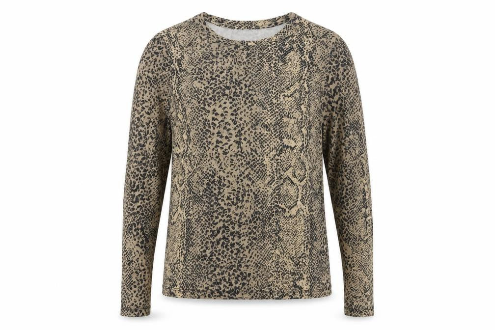 MNG Women’s Beige Leopard Print Slim Stretch Long Sleeve Top UK 12