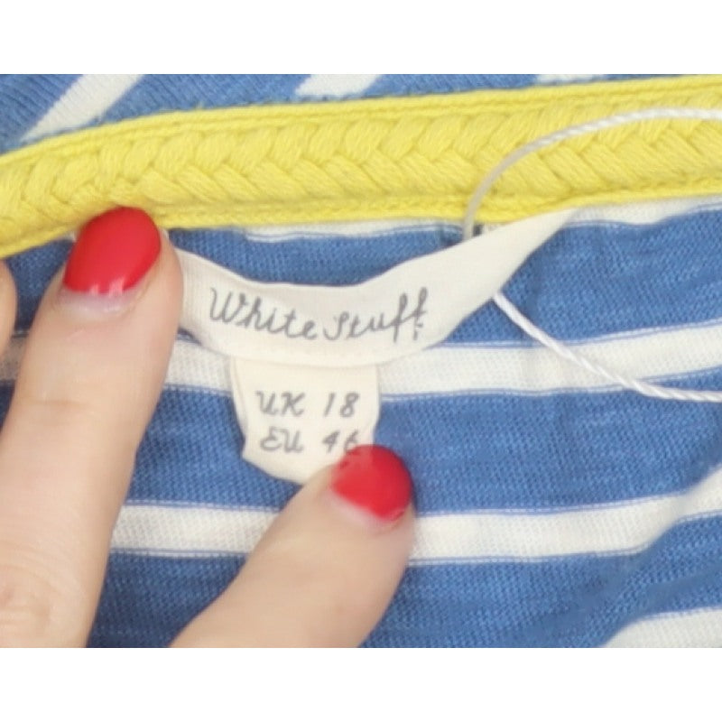 White Stuff Women Blue Stripe Cotton Tunic T-Shirt UK 18 Pockets