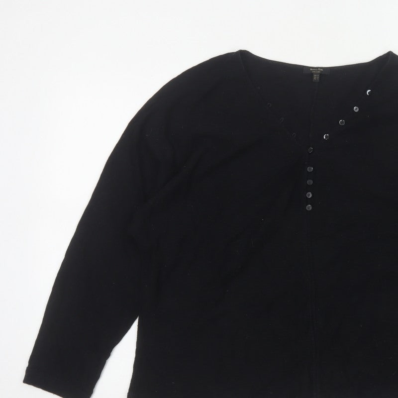 Massimo Dutti Women Black M Cotton Knit Button-Up Long Sleeve Top