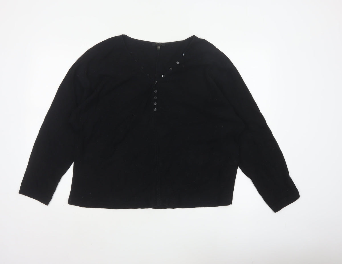 Massimo Dutti Women Black M Cotton Knit Button-Up Long Sleeve Top