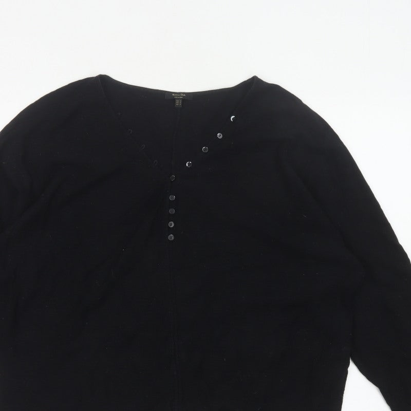 Massimo Dutti Women Black M Cotton Knit Button-Up Long Sleeve Top