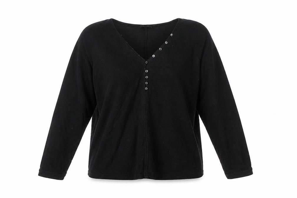 Massimo Dutti Women Black M Cotton Knit Button-Up Long Sleeve Top
