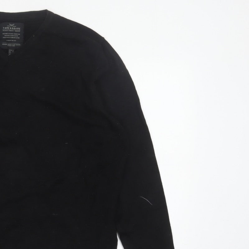 Threadbare Men Black XL V-Neck Pullover Cotton Blend Logo Jumper