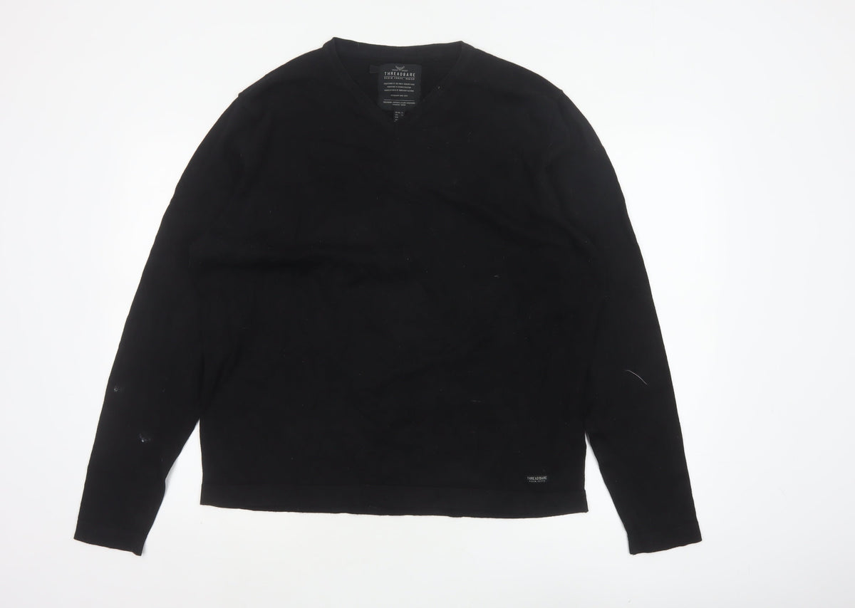 Threadbare Men Black XL V-Neck Pullover Cotton Blend Logo Jumper