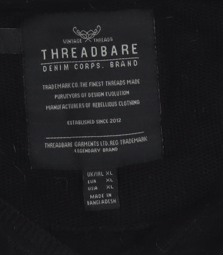 Threadbare Men Black XL V-Neck Pullover Cotton Blend Logo Jumper