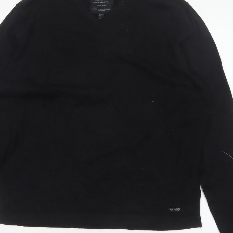 Threadbare Men Black XL V-Neck Pullover Cotton Blend Logo Jumper
