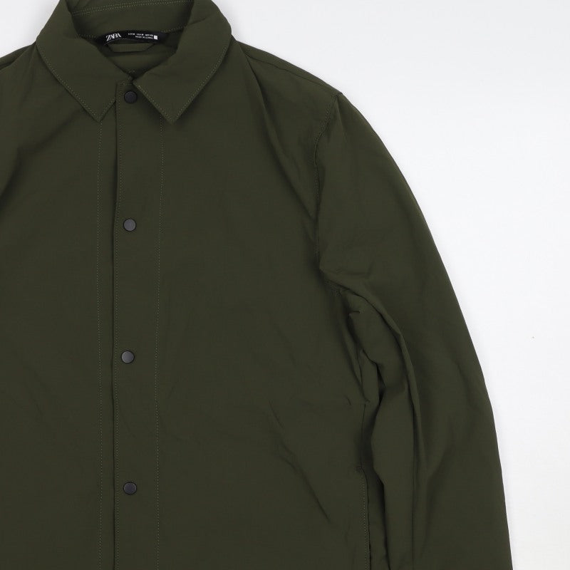 Zara Men’s Green M Lightweight Snap Front Jacket Zip Pockets