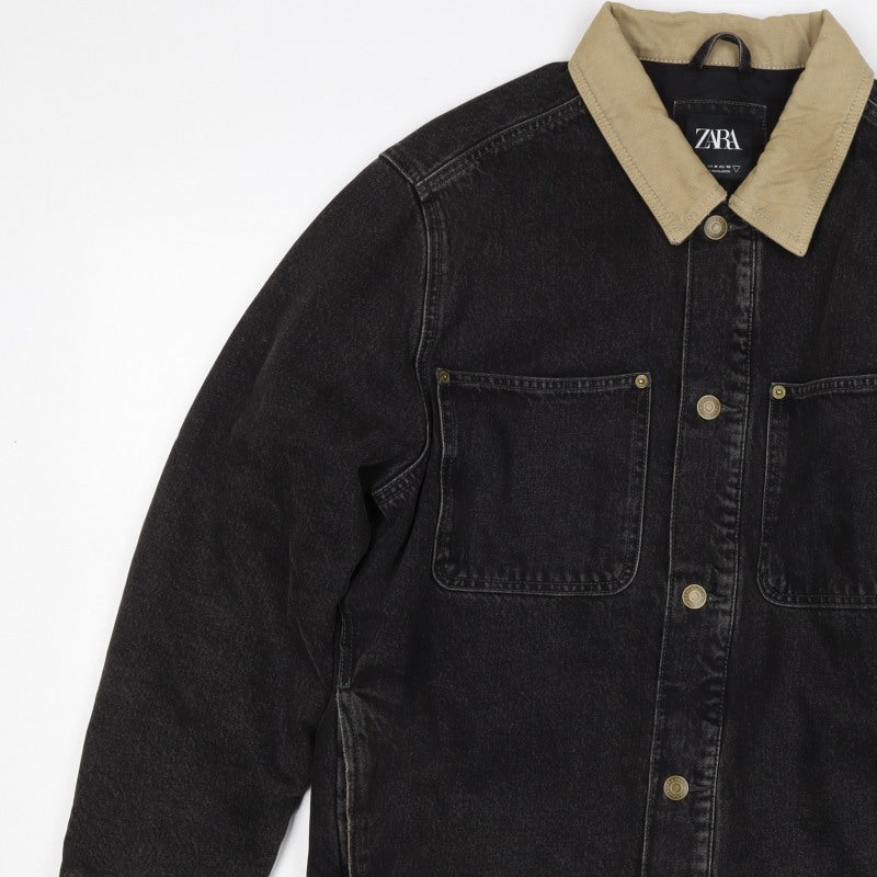 Zara Men Black M Denim Padded Jacket Beige Collar Button Workwear