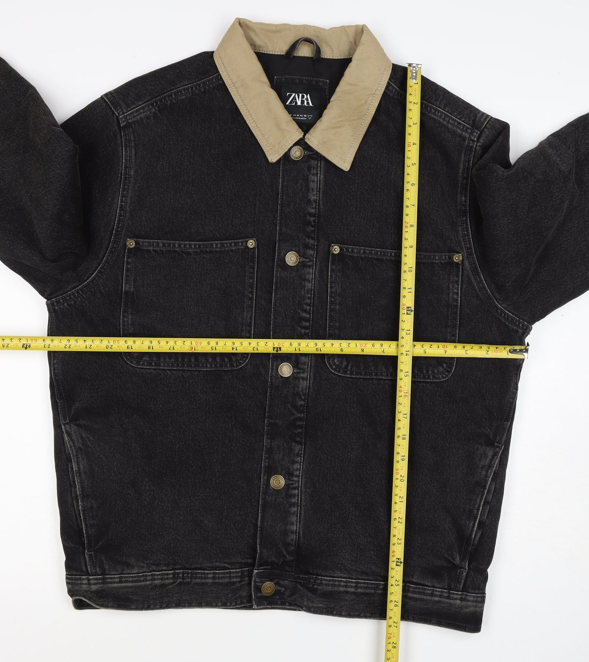 Zara Men Black M Denim Padded Jacket Beige Collar Button Workwear