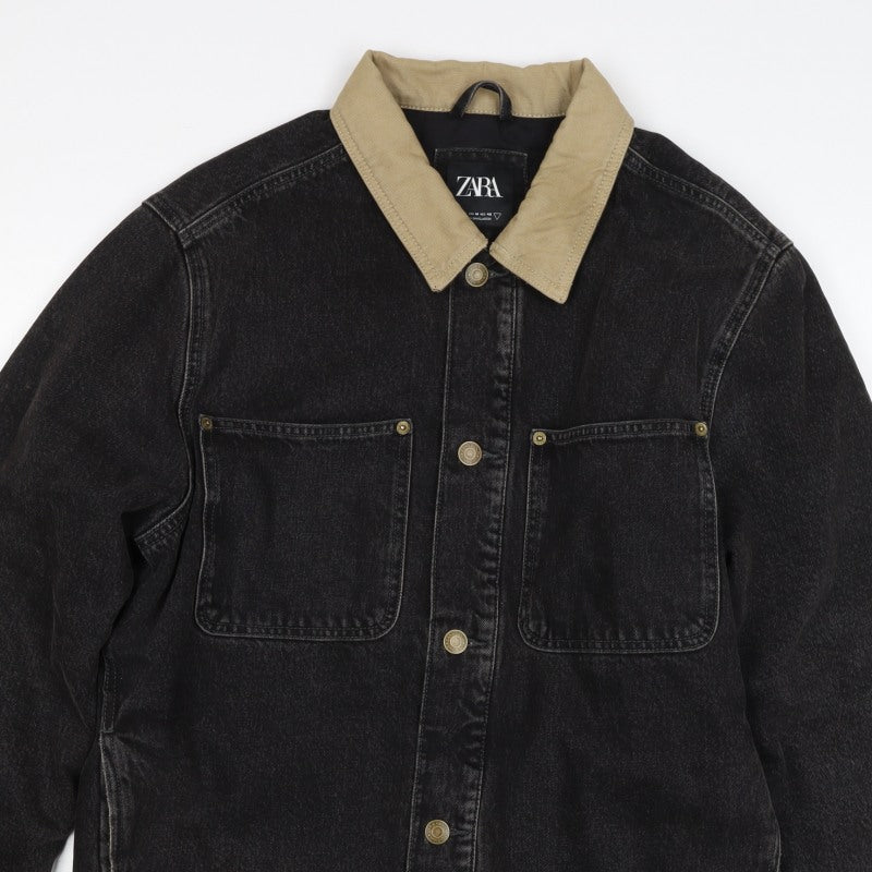 Zara Men Black M Denim Padded Jacket Beige Collar Button Workwear