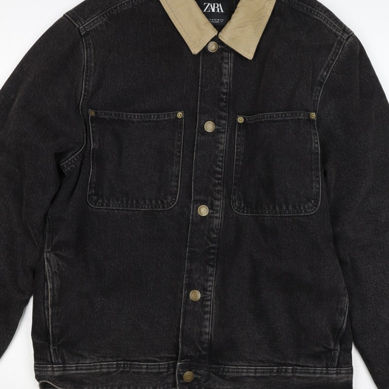 Zara Men Black M Denim Padded Jacket Beige Collar Button Workwear