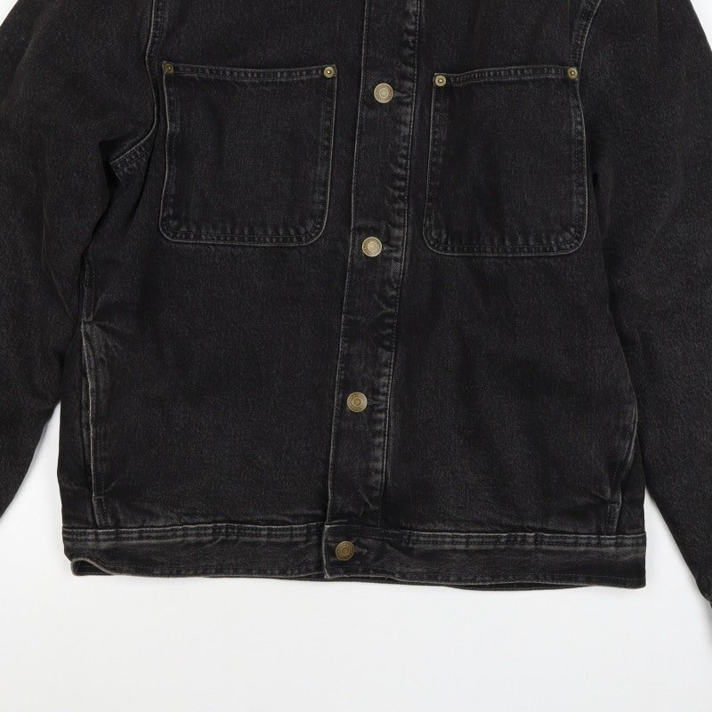 Zara Men Black M Denim Padded Jacket Beige Collar Button Workwear