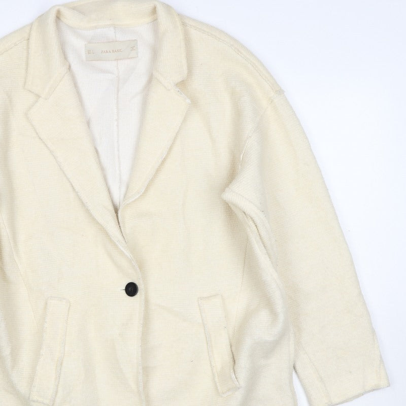 Zara Women Ivory Linen Overcoat Size L Single Breasted Collared