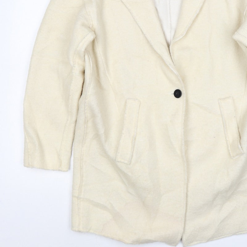 Zara Women Ivory Linen Overcoat Size L Single Breasted Collared