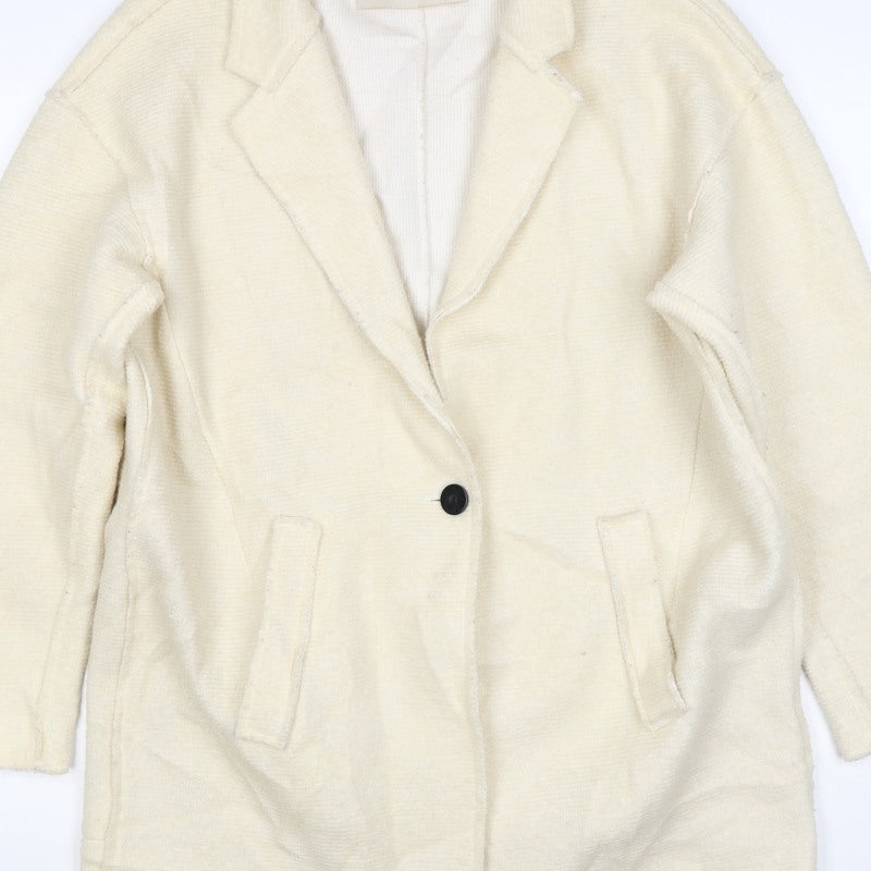 Zara Women Ivory Linen Overcoat Size L Single Breasted Collared