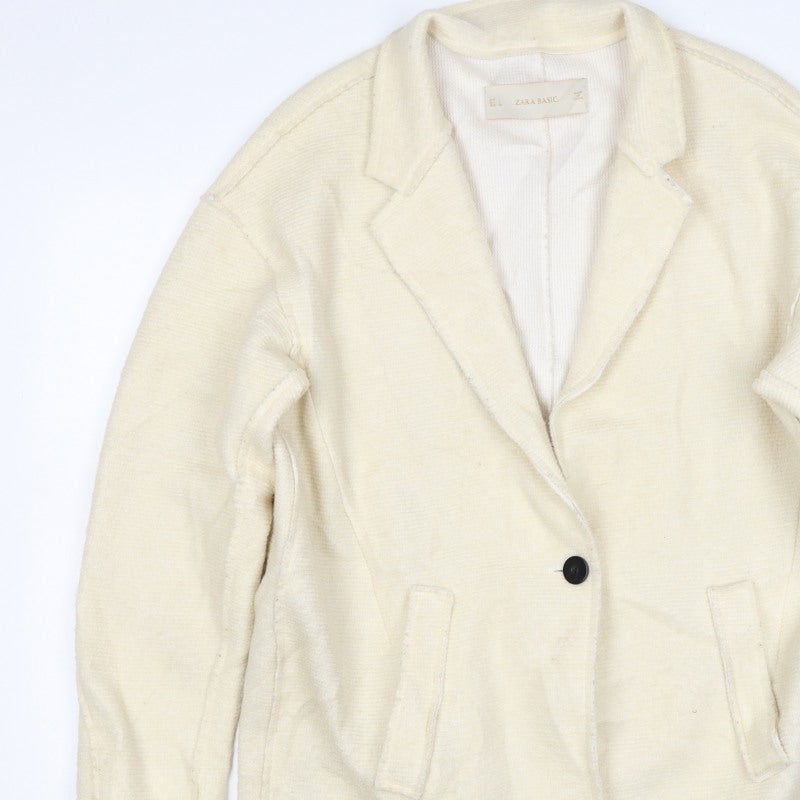 Zara Women Ivory Linen Overcoat Size L Single Breasted Collared