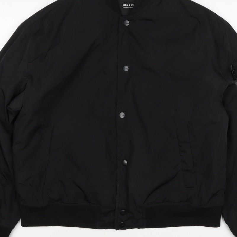 Only & Sons Men’s Black S Bomber Jacket Padded Snap Button