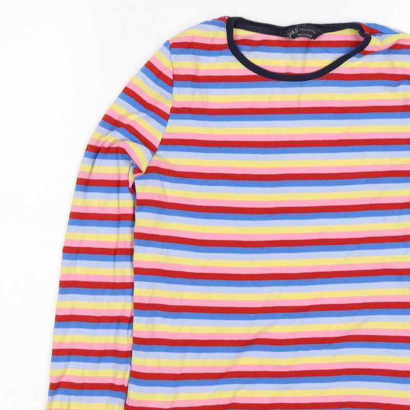M&S Women’s Multicoloured Stripe Cotton Long Sleeve Basic T-Shirt Size 10