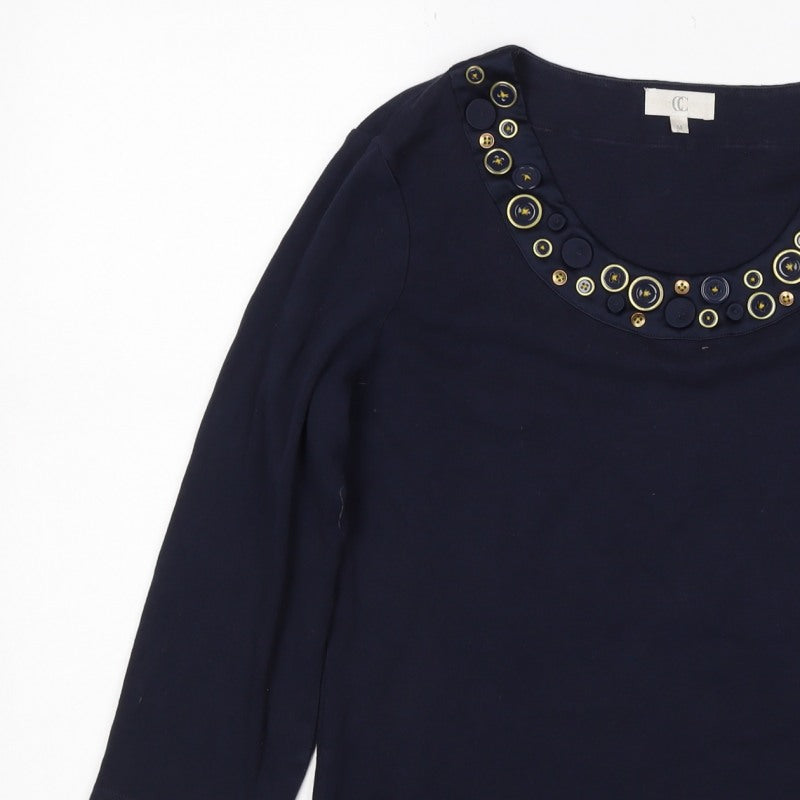CC Women’s Navy Blue M Cotton Button Trim 3/4 Sleeve Blouse