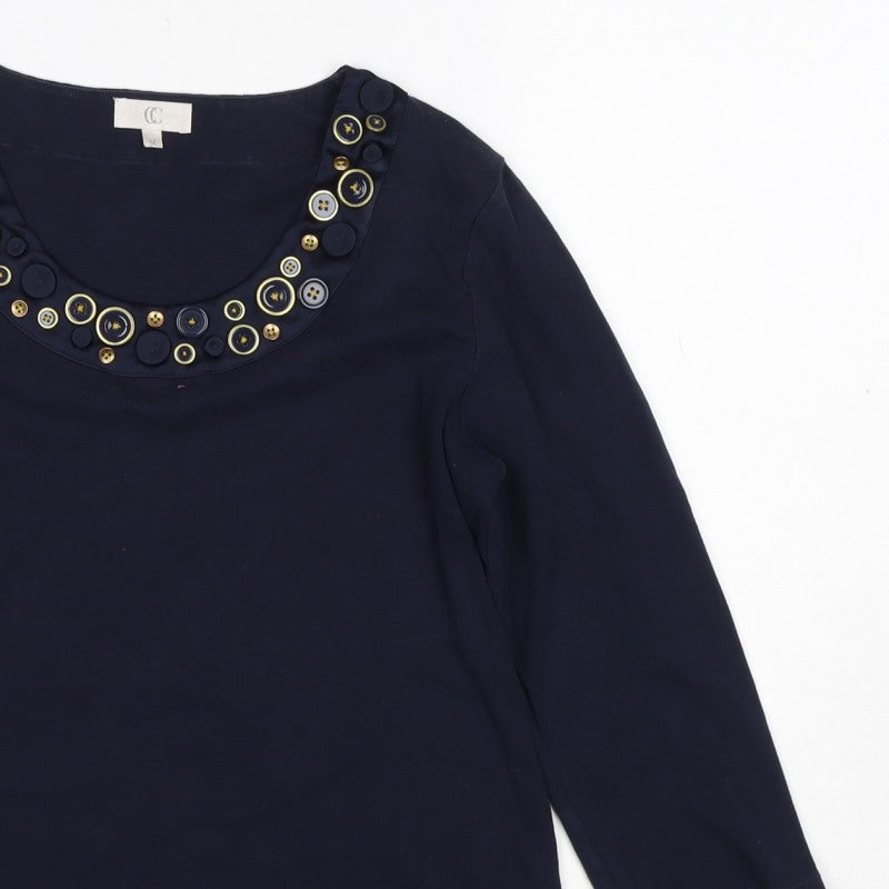 CC Women’s Navy Blue M Cotton Button Trim 3/4 Sleeve Blouse