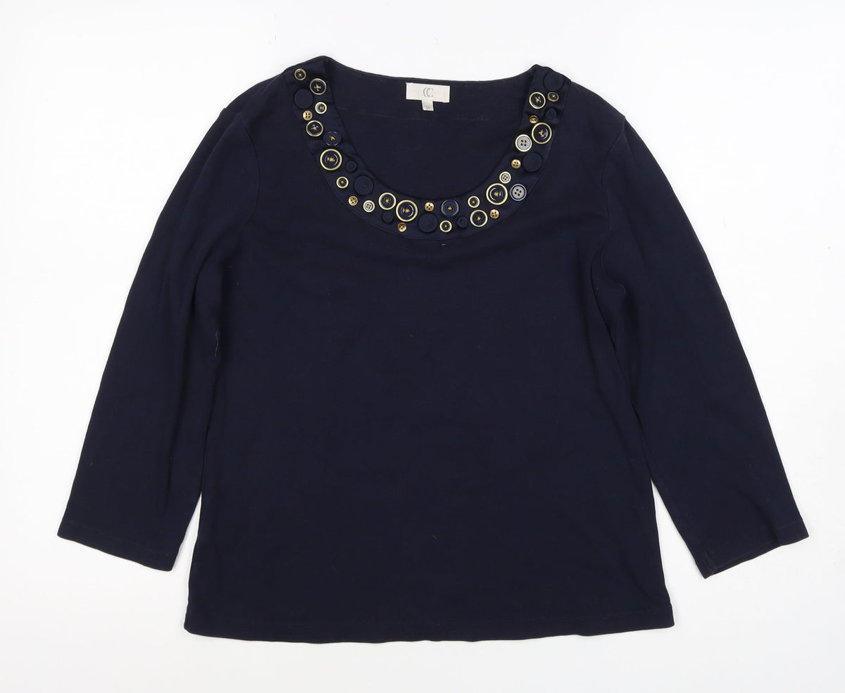 CC Women’s Navy Blue M Cotton Button Trim 3/4 Sleeve Blouse