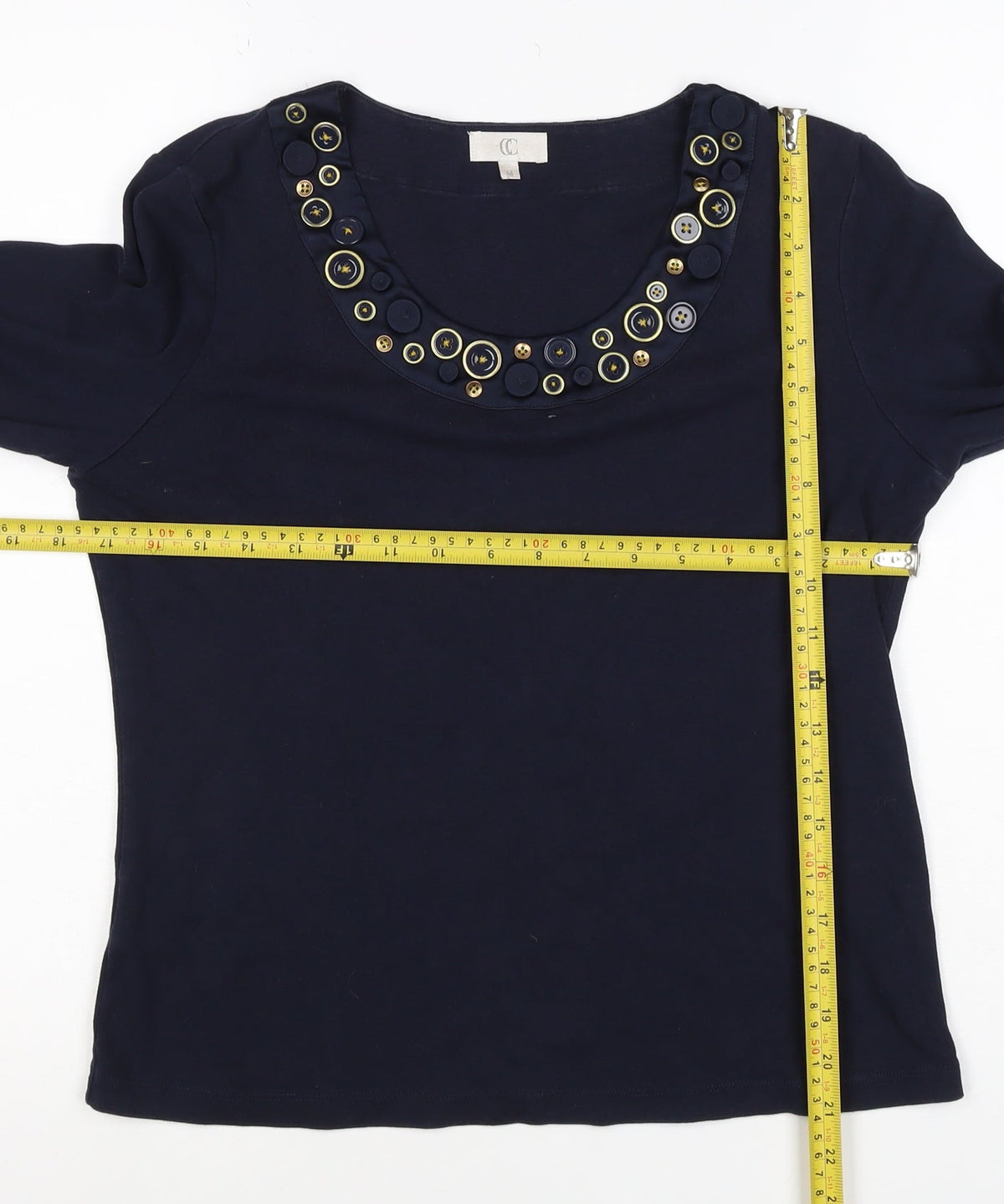 CC Women’s Navy Blue M Cotton Button Trim 3/4 Sleeve Blouse
