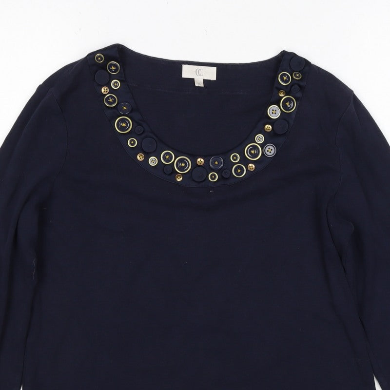 CC Women’s Navy Blue M Cotton Button Trim 3/4 Sleeve Blouse