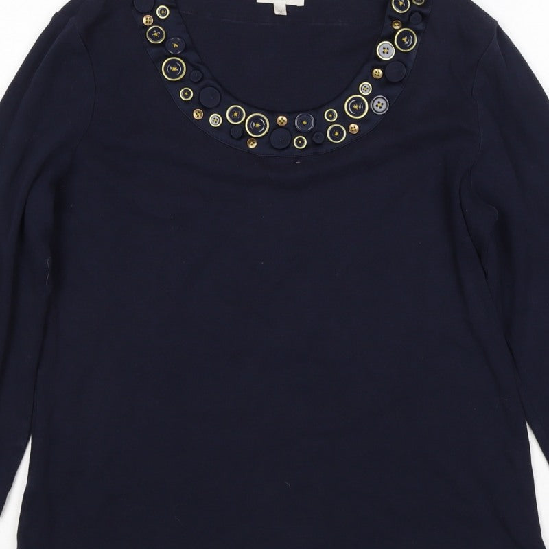 CC Women’s Navy Blue M Cotton Button Trim 3/4 Sleeve Blouse