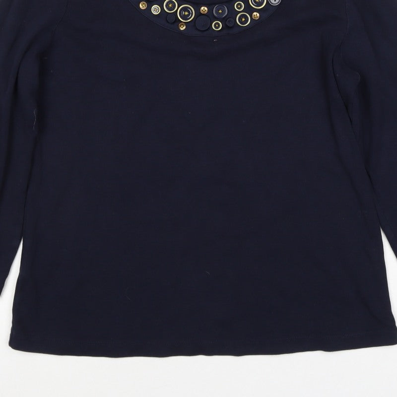 CC Women’s Navy Blue M Cotton Button Trim 3/4 Sleeve Blouse
