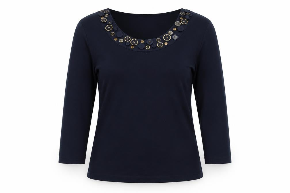 CC Women’s Navy Blue M Cotton Button Trim 3/4 Sleeve Blouse