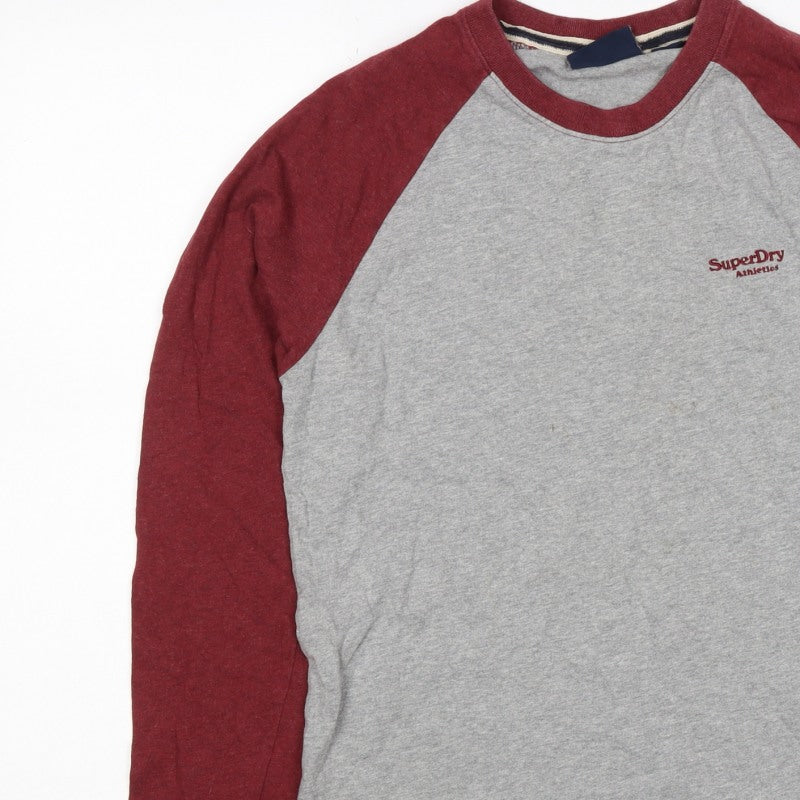 Superdry Men Grey Red S Long Sleeve Colourblock Athletic T-Shirt