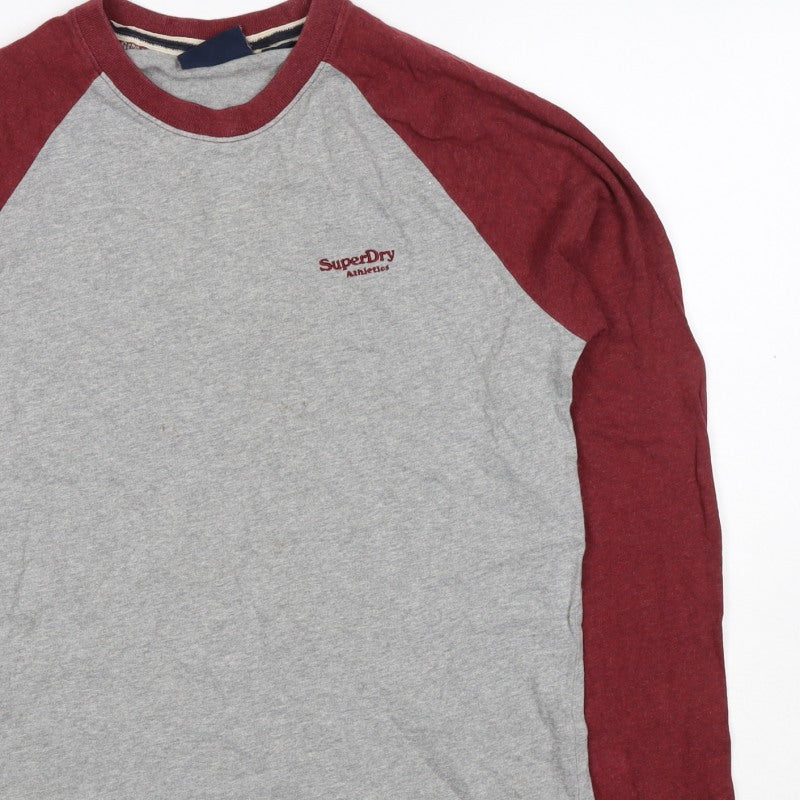 Superdry Men Grey Red S Long Sleeve Colourblock Athletic T-Shirt