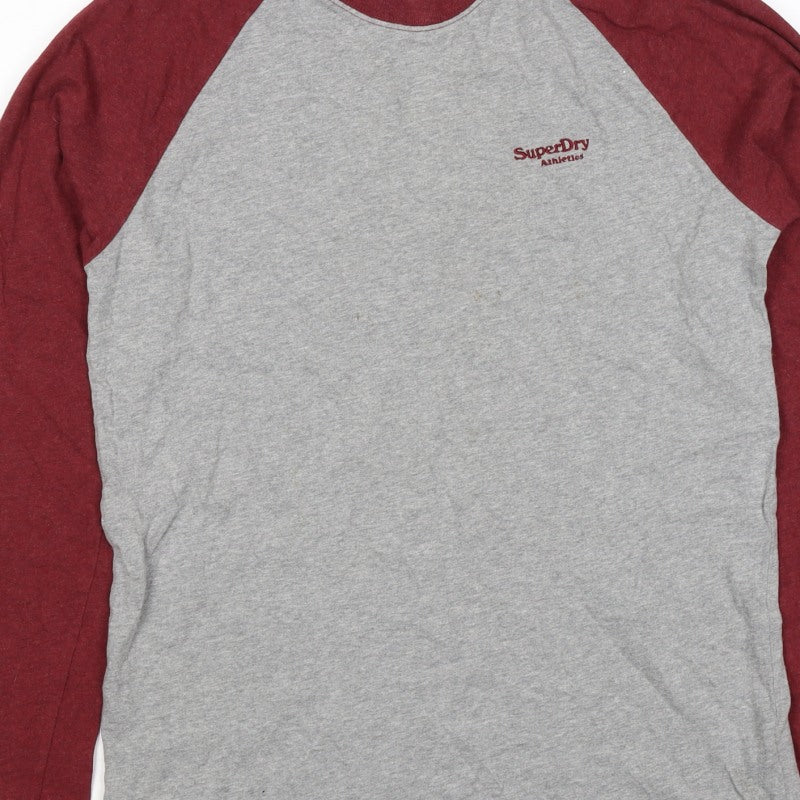 Superdry Men Grey Red S Long Sleeve Colourblock Athletic T-Shirt