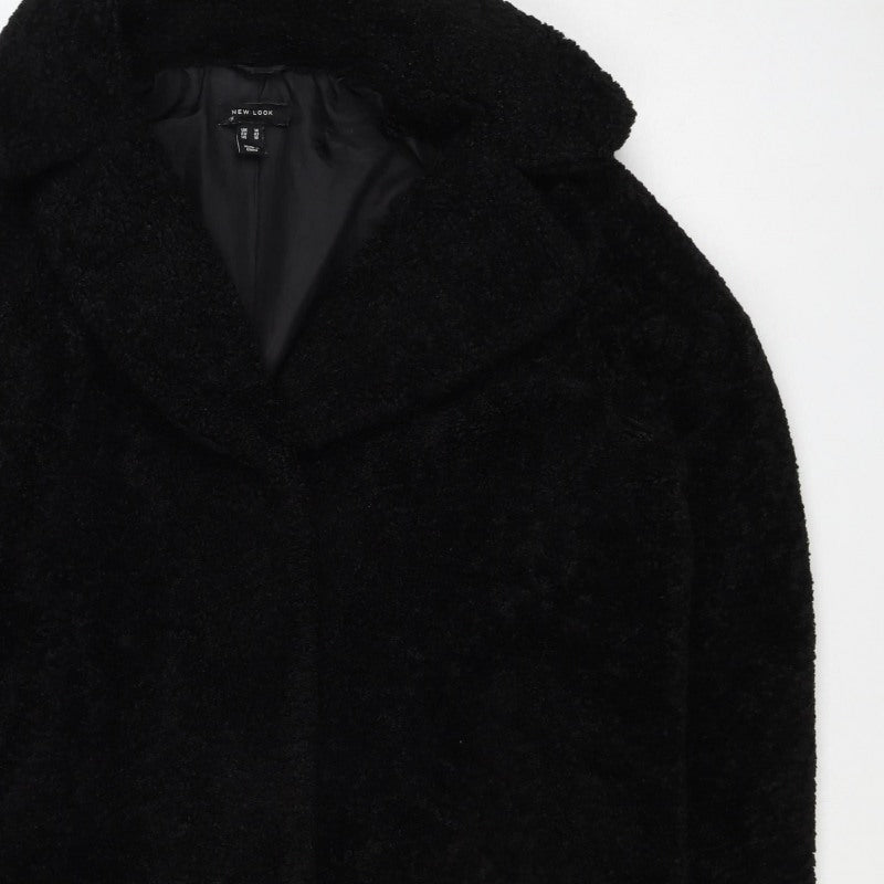 New Look Women Black Teddy Borg Coat UK 14 Mid-Length Lined