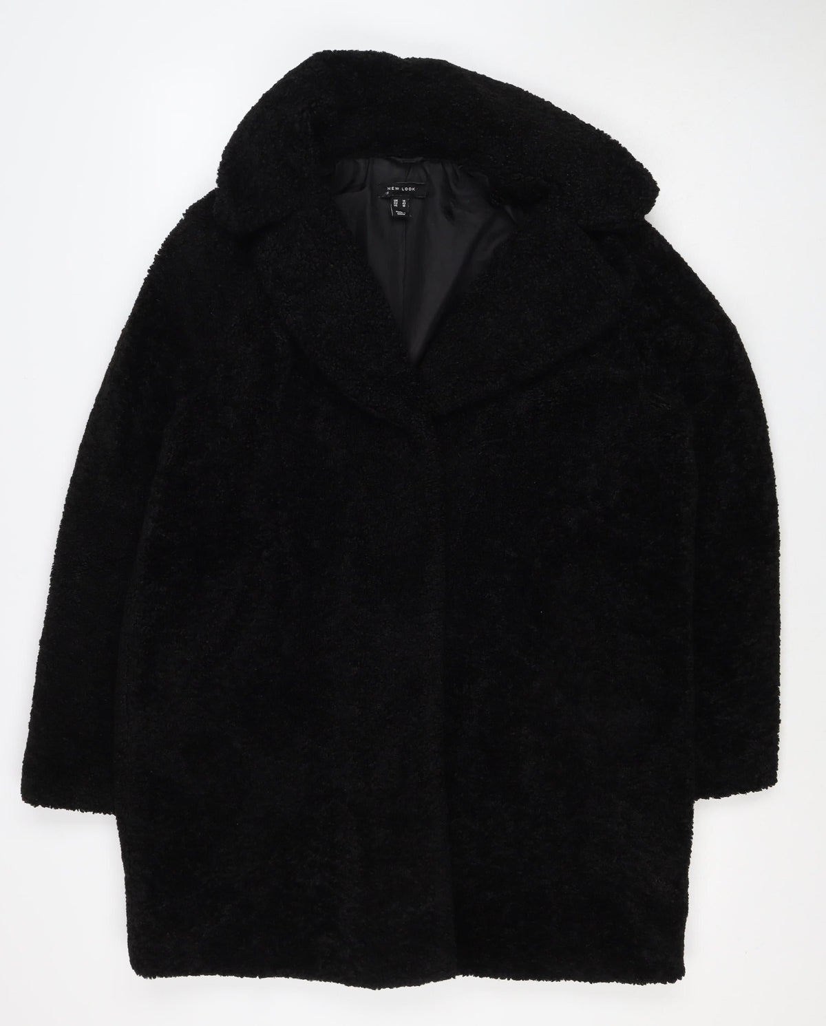 New Look Women Black Teddy Borg Coat UK 14 Mid-Length Lined