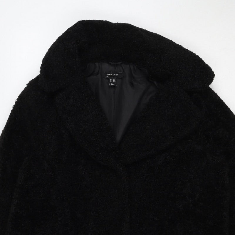 New Look Women Black Teddy Borg Coat UK 14 Mid-Length Lined