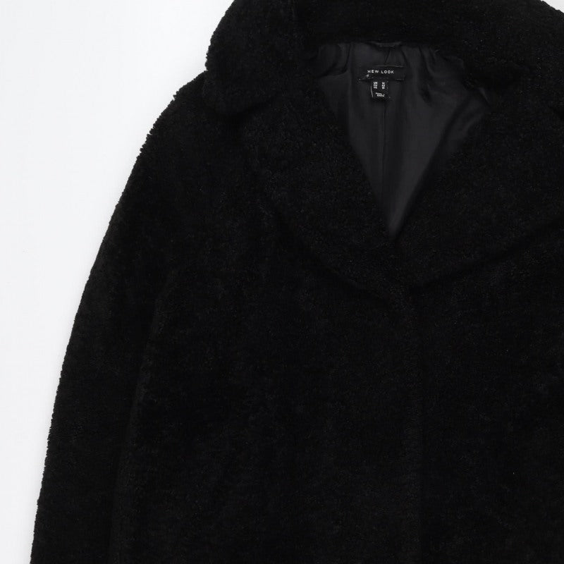 New Look Women Black Teddy Borg Coat UK 14 Mid-Length Lined
