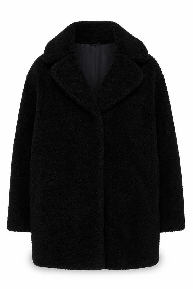New Look Women Black Teddy Borg Coat UK 14 Mid-Length Lined