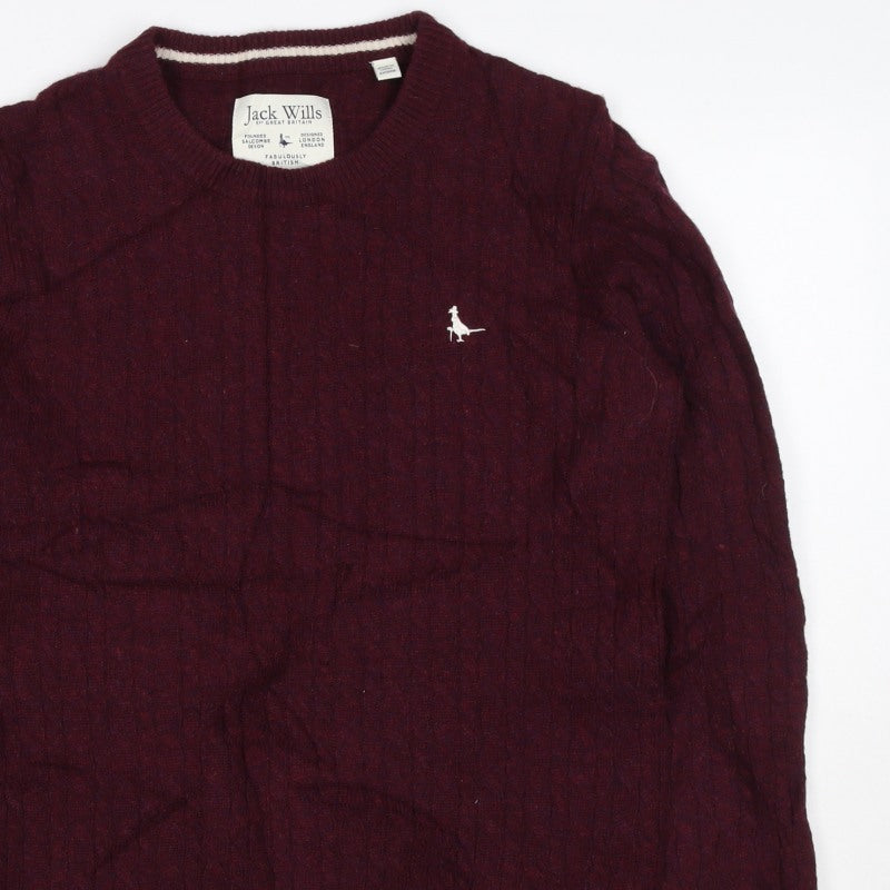 Jack Wills Women’s Red UK 12 Merino Wool Cable Knit Crew Neck Jumper